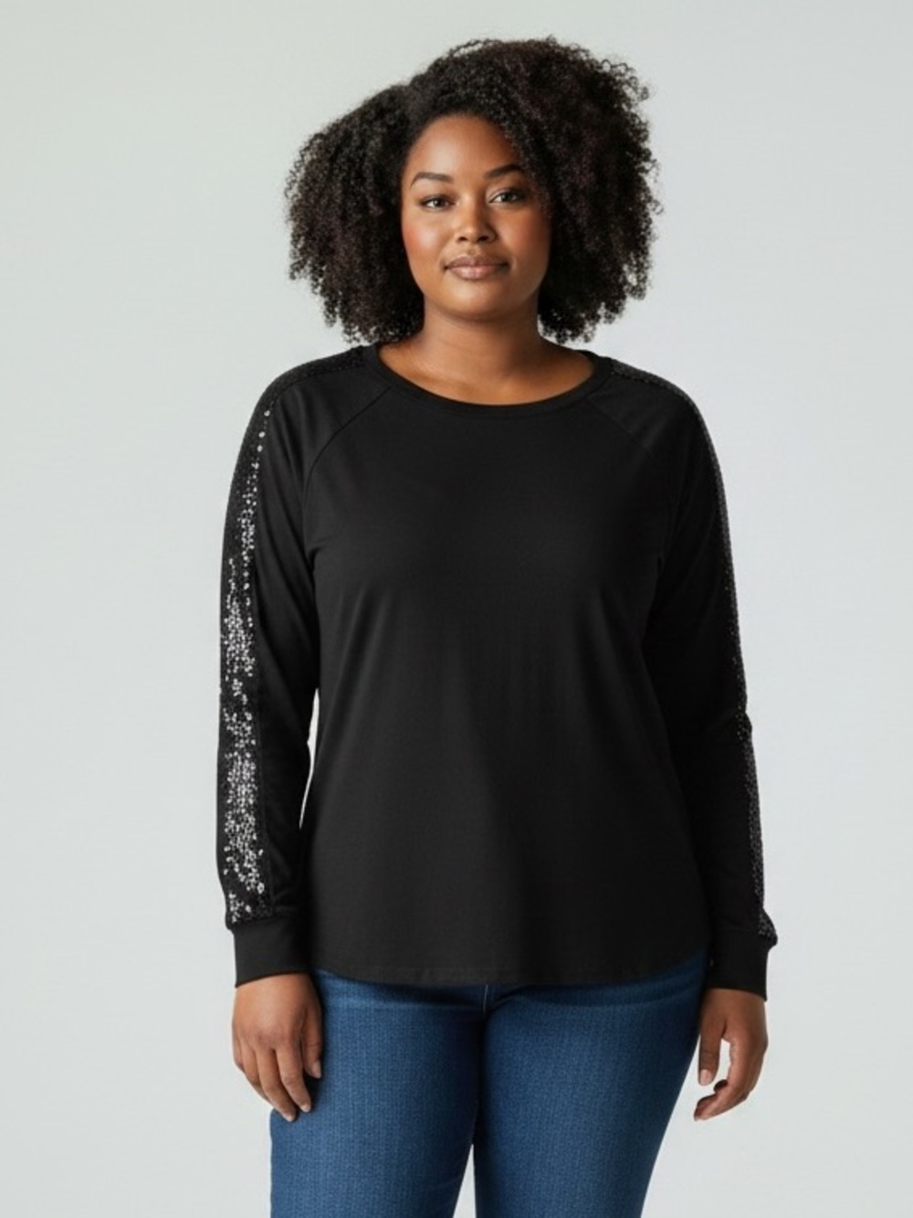 Umgee Black Long-Sleeve Top with Sequin-Trim Shoulders Size XL - Picture 8 of 8